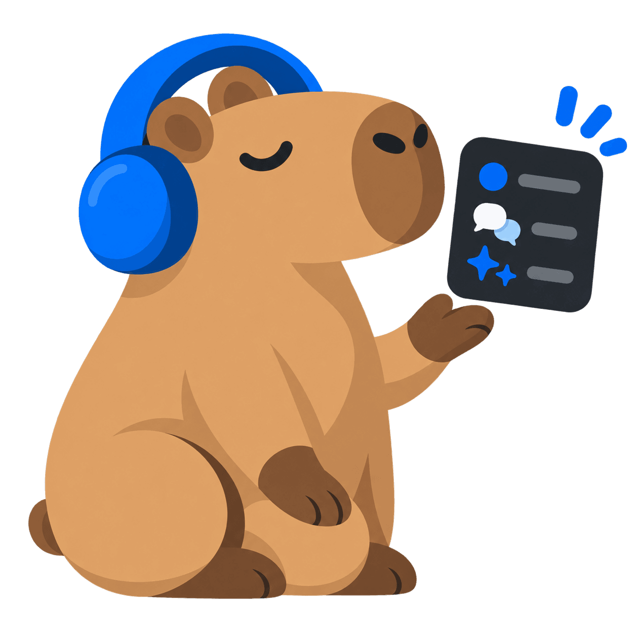 An upright kneeling capybara wearing headphones looks right and selects an item in an action menu.