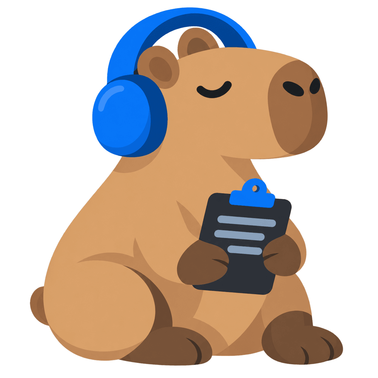 A seated capybara wearing headphones holds a clipboard and listens with its eyes closed.