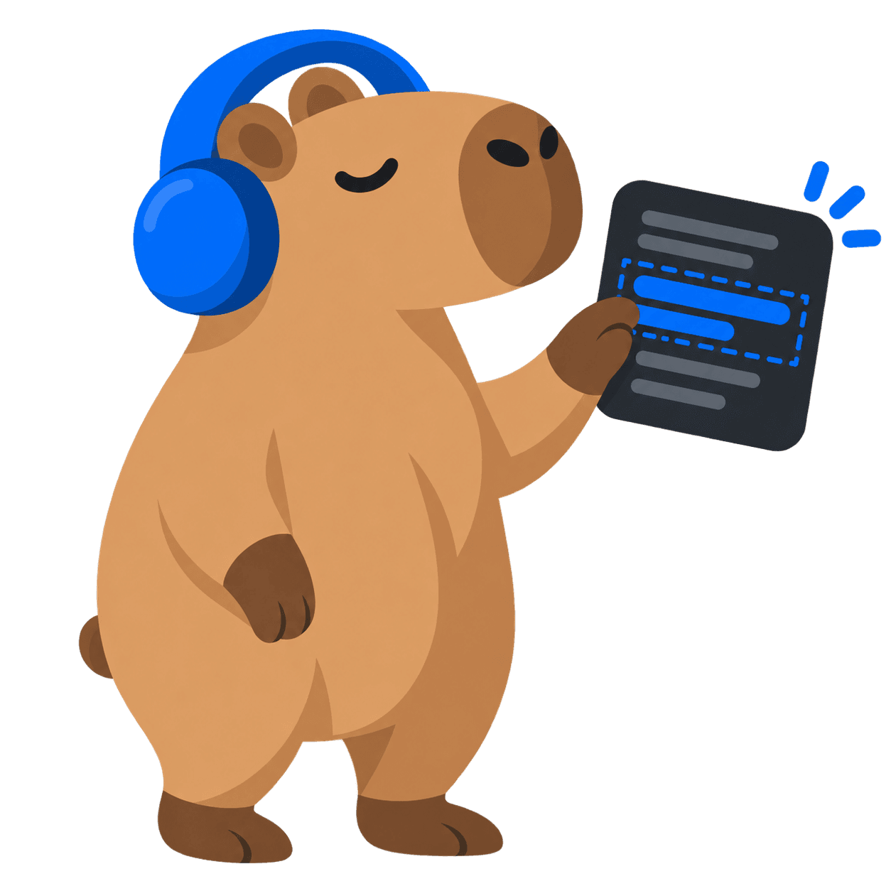 A standing capybara wearing headphones selects text on a screen.